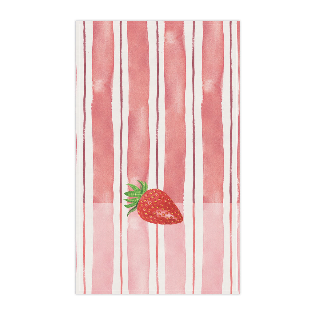 Striped towel with a strawberry design on a white background