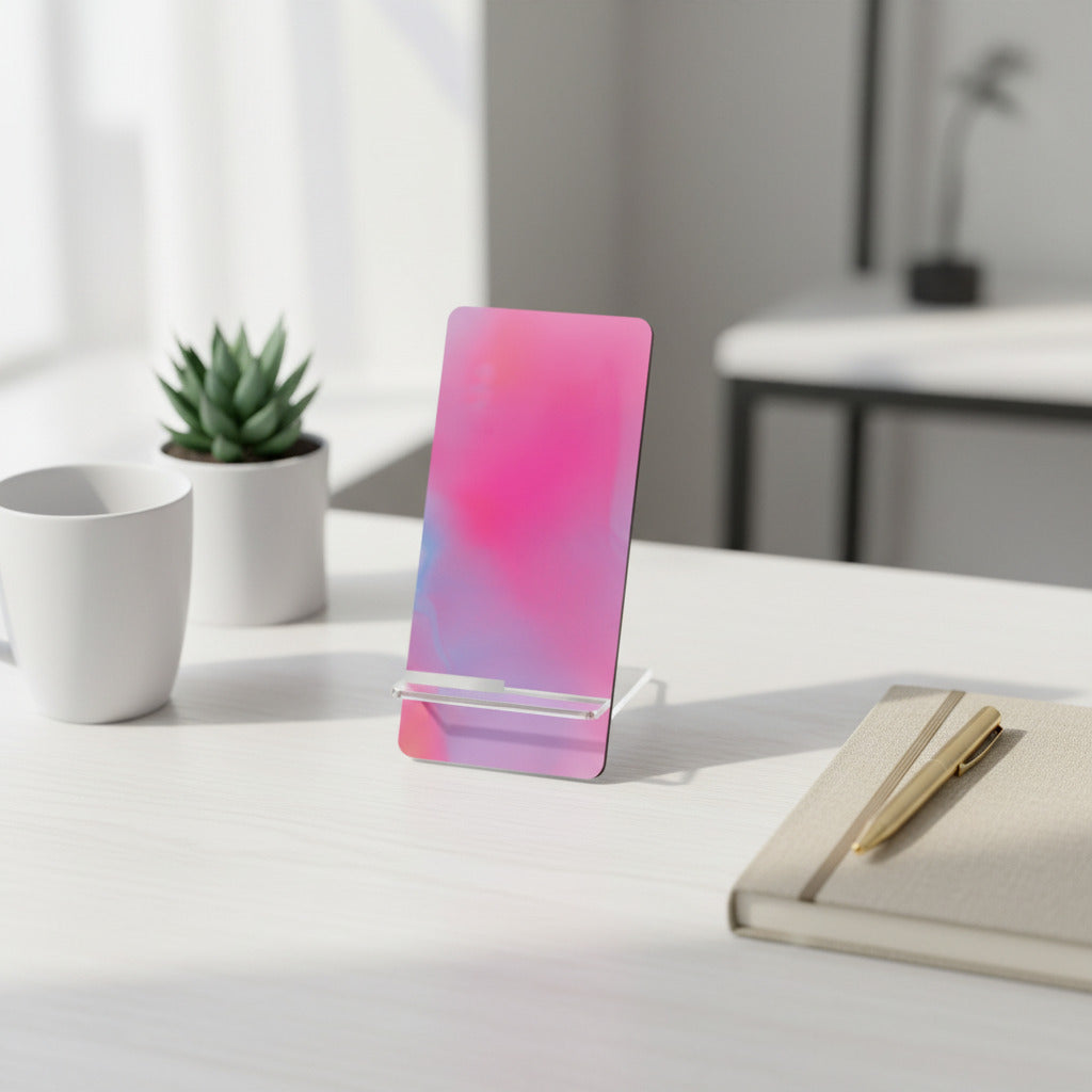 Colorful phone stand on a desk with keyboard, mouse, and headphones.