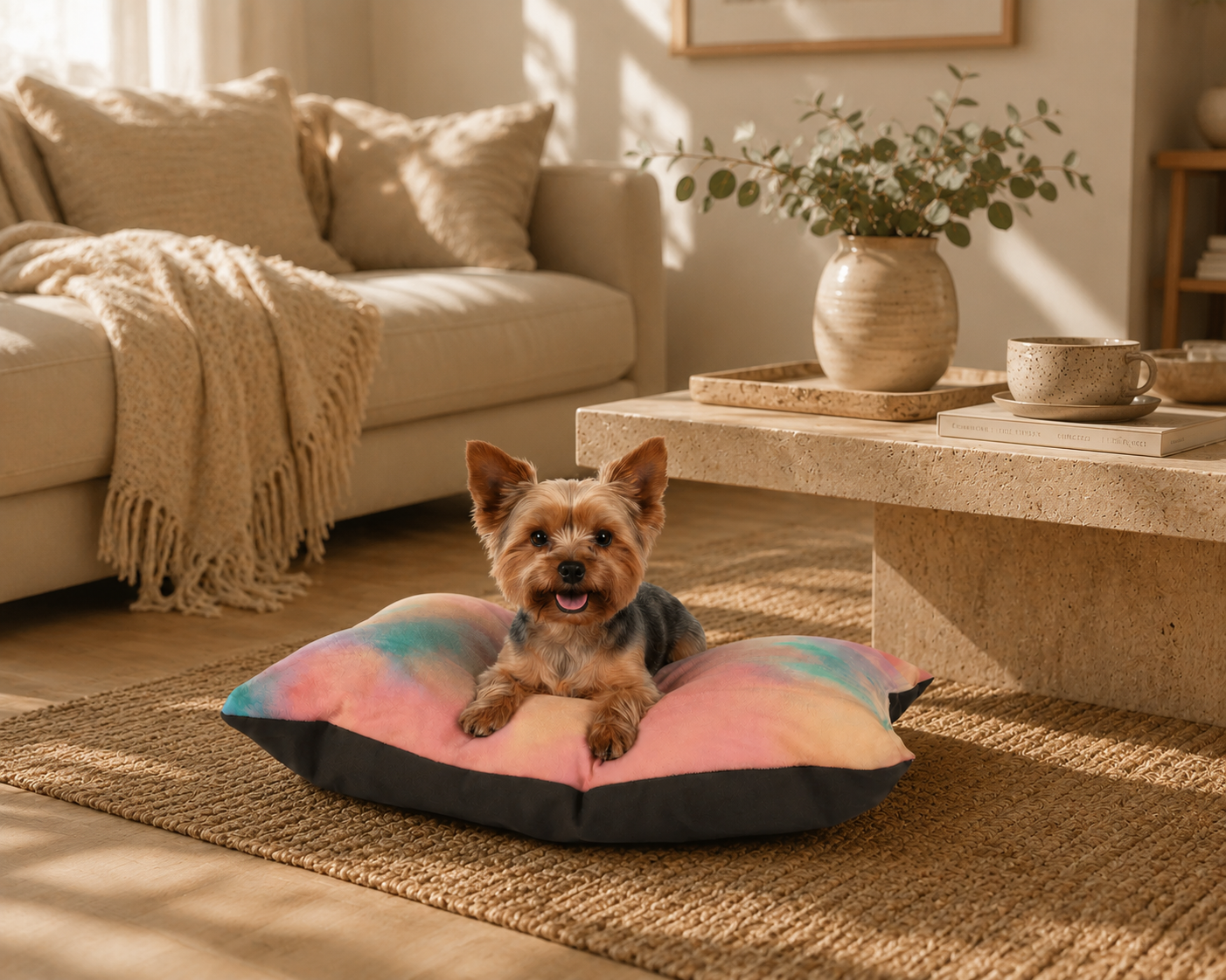 Small dog lying on a colorful pillow in a cozy living room.