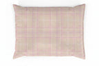 Plaid pillow with a green dog toy on a white background