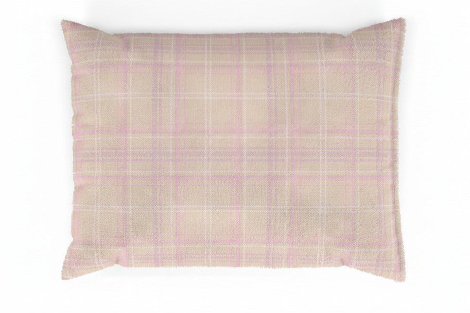 Plaid pillow with a green dog toy on a white background