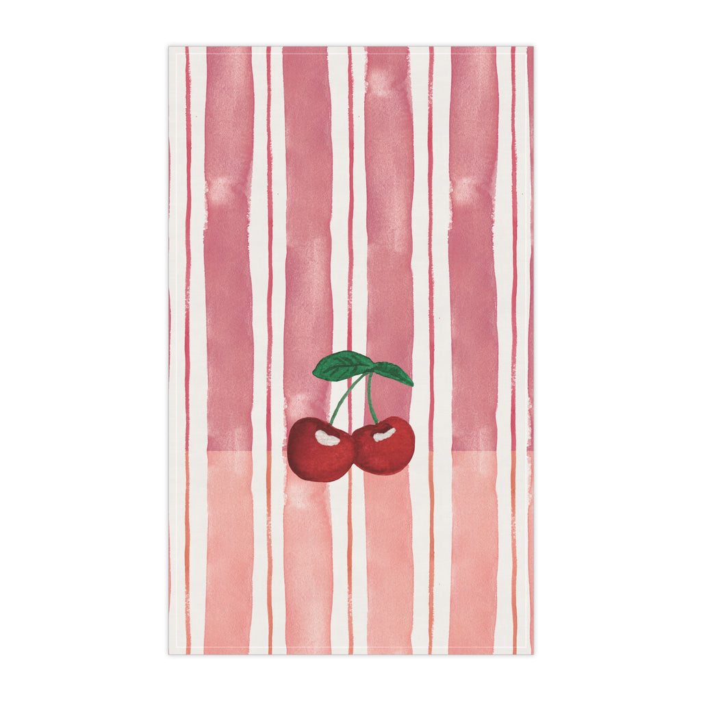 Striped towel with red cherries on a white background