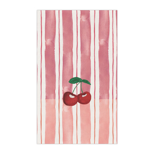 Striped towel with red cherries on a white background