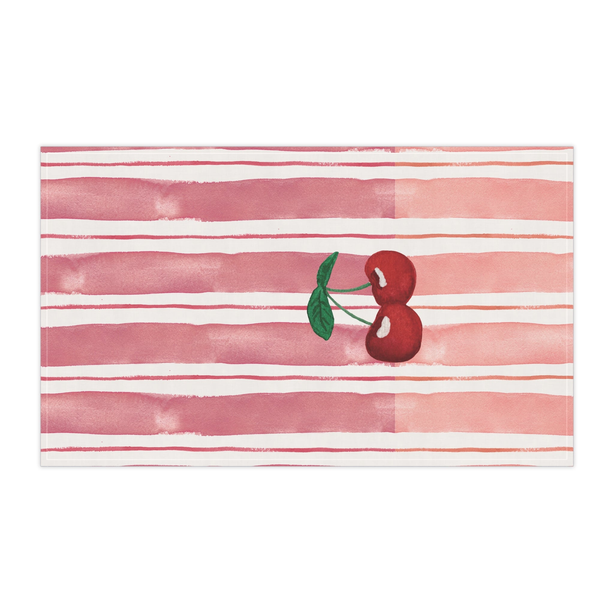 Striped pink and white placemat with a red cherry design on a white background